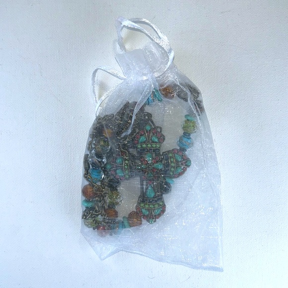 NWOT Beaded Enamel Rhinestone Cross Statement Necklace - Designer Sweet Romance - Picture 3 of 10